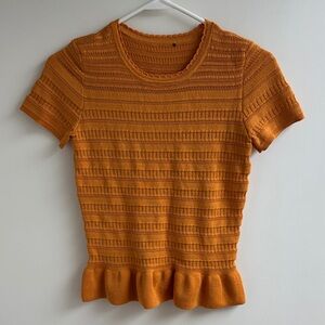 Women's Orange Short-Sleeve Knit Top with Peplum Hem size Small